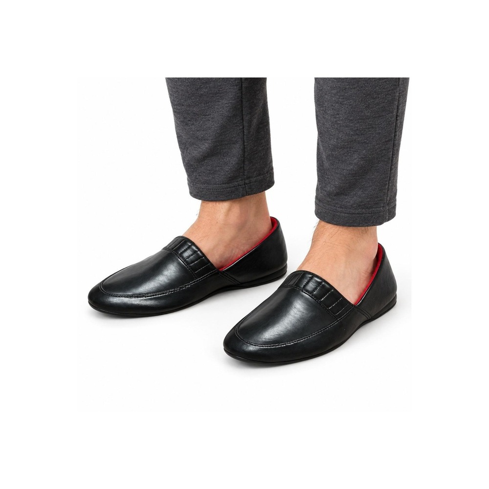 Oleg Cassini House Shoes Men's Size 10 Black Leather Red Lining Loafers